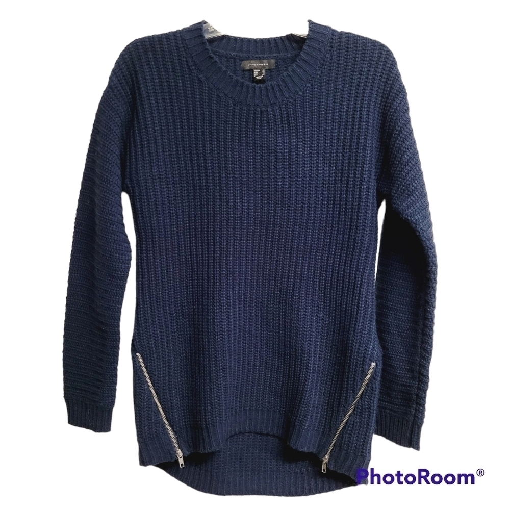 Atmosphere Navy Blue‎ Crew Neck Ribbed Knit Side Zipper Detail Tunic Sweater 6